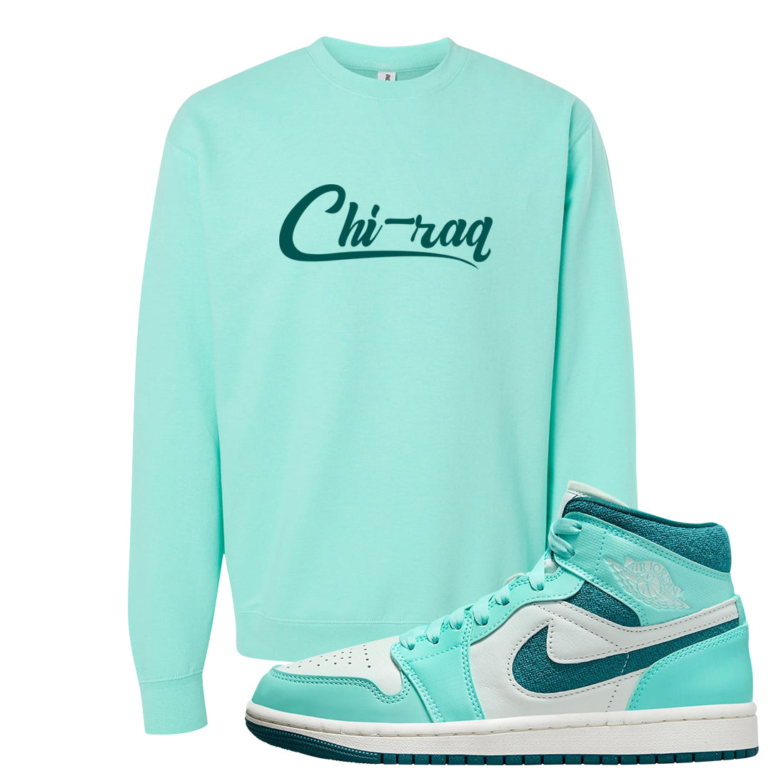 Chenille Teal Aqua Mid 1s Crewneck Sweatshirt | Chiraq, Mint