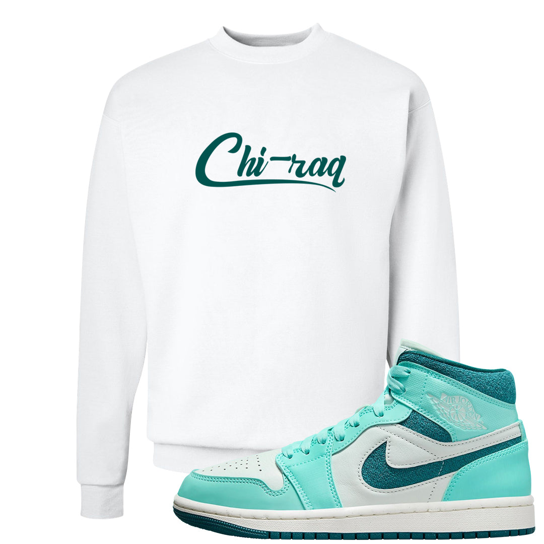 Chenille Teal Aqua Mid 1s Crewneck Sweatshirt | Chiraq, White