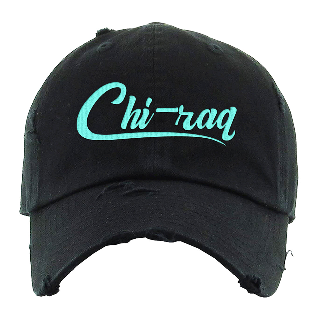 Chenille Teal Aqua Mid 1s Distressed Dad Hat | Chiraq, Black