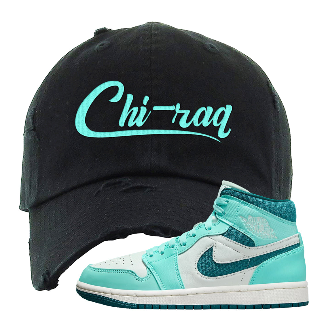 Chenille Teal Aqua Mid 1s Distressed Dad Hat | Chiraq, Black