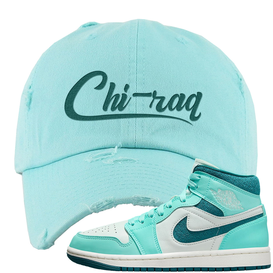 Chenille Teal Aqua Mid 1s Distressed Dad Hat | Chiraq, Mint