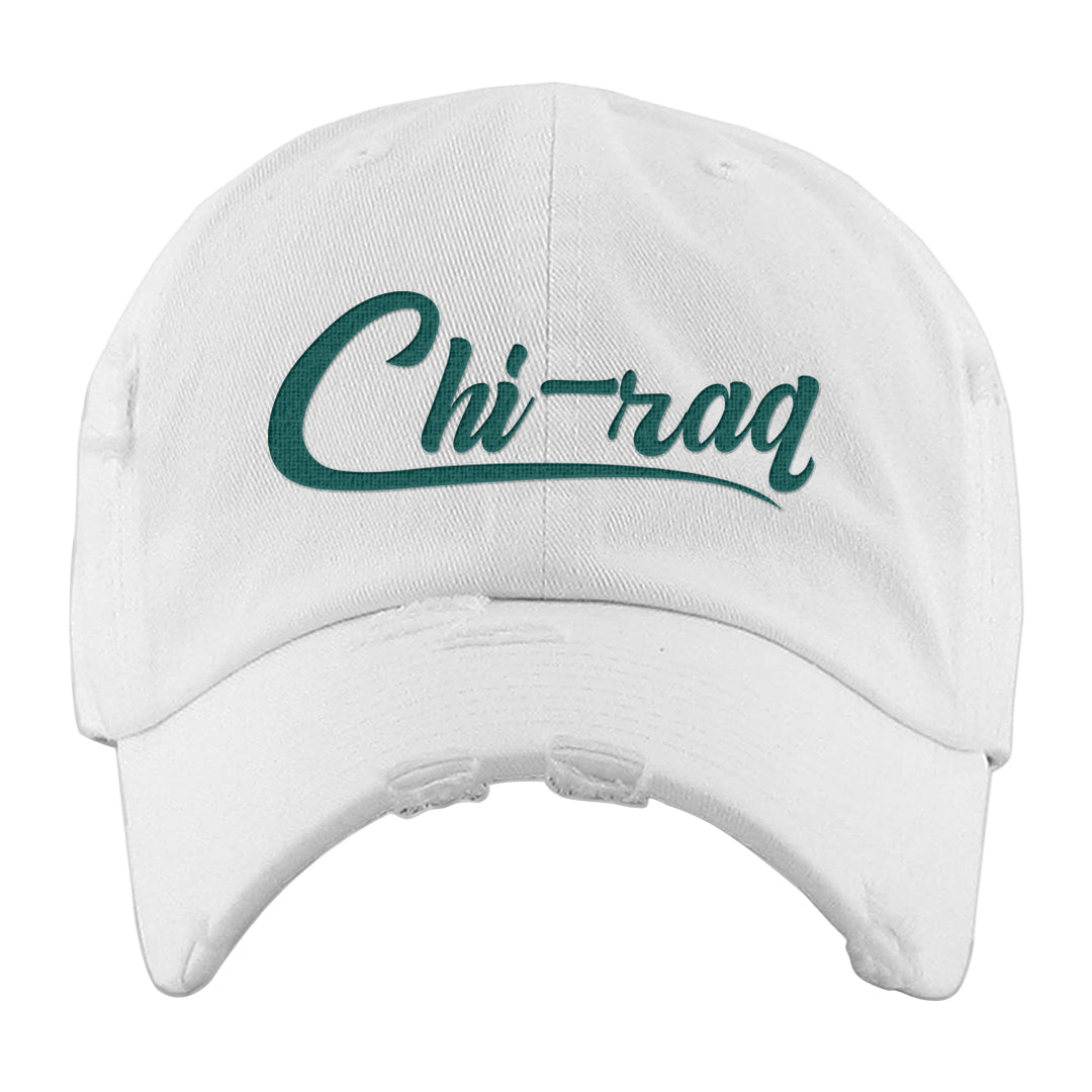 Chenille Teal Aqua Mid 1s Distressed Dad Hat | Chiraq, White