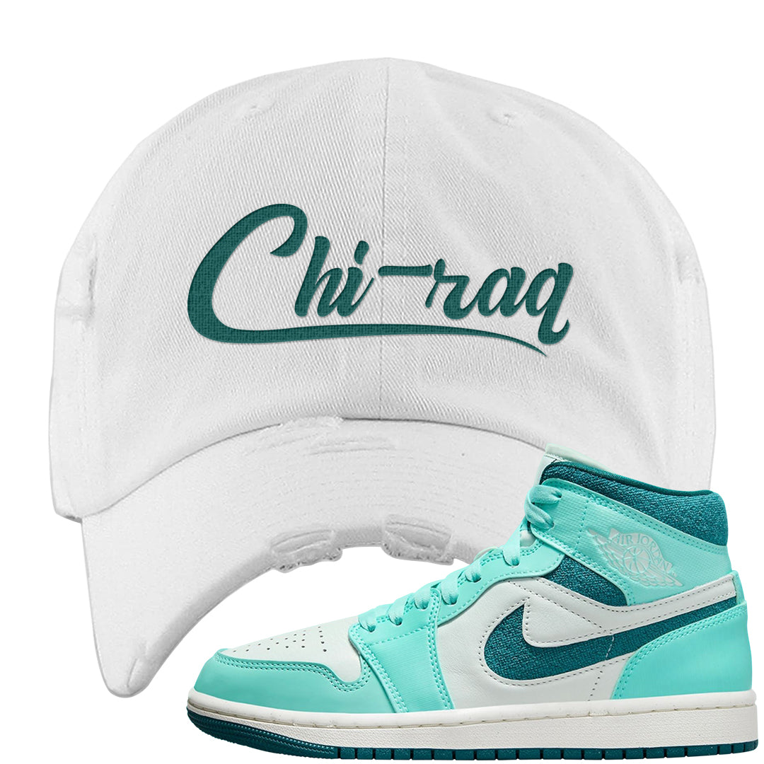 Chenille Teal Aqua Mid 1s Distressed Dad Hat | Chiraq, White