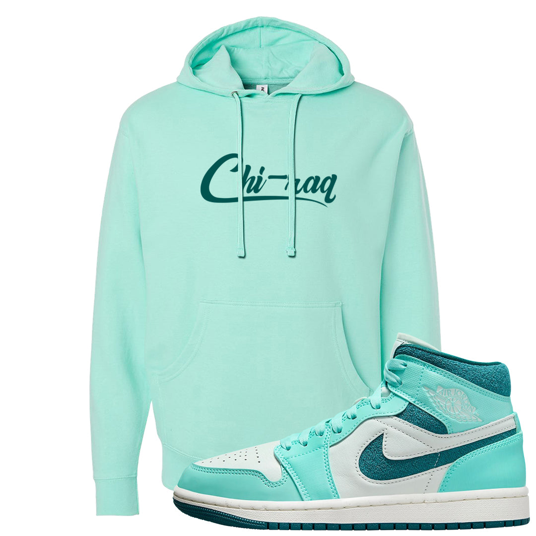 Chenille Teal Aqua Mid 1s Hoodie | Chiraq, Mint