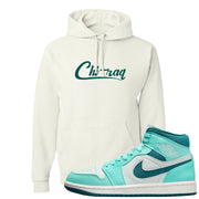 Chenille Teal Aqua Mid 1s Hoodie | Chiraq, White