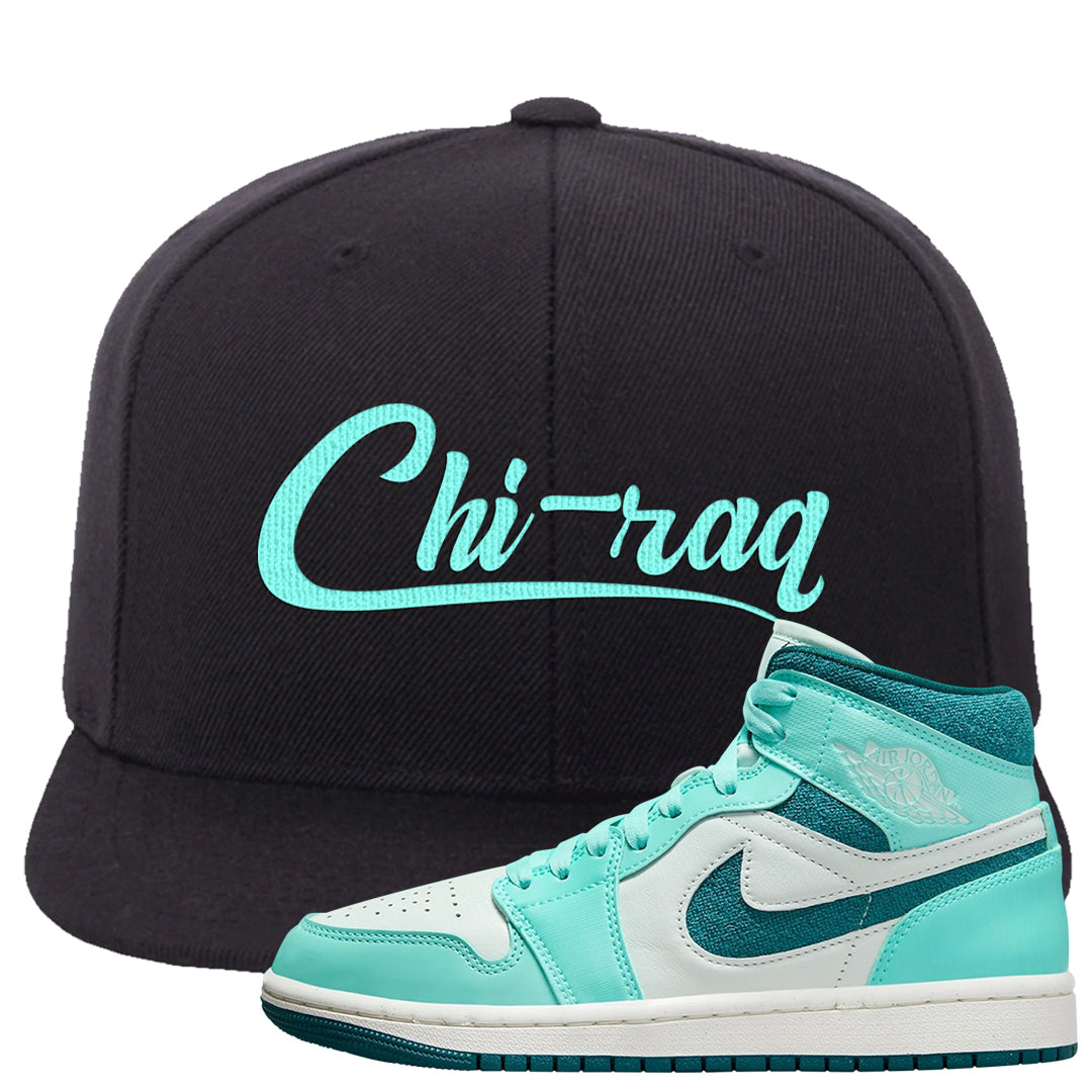 Chenille Teal Aqua Mid 1s Snapback Hat | Chiraq, Black