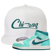 Chenille Teal Aqua Mid 1s Snapback Hat | Chiraq, White