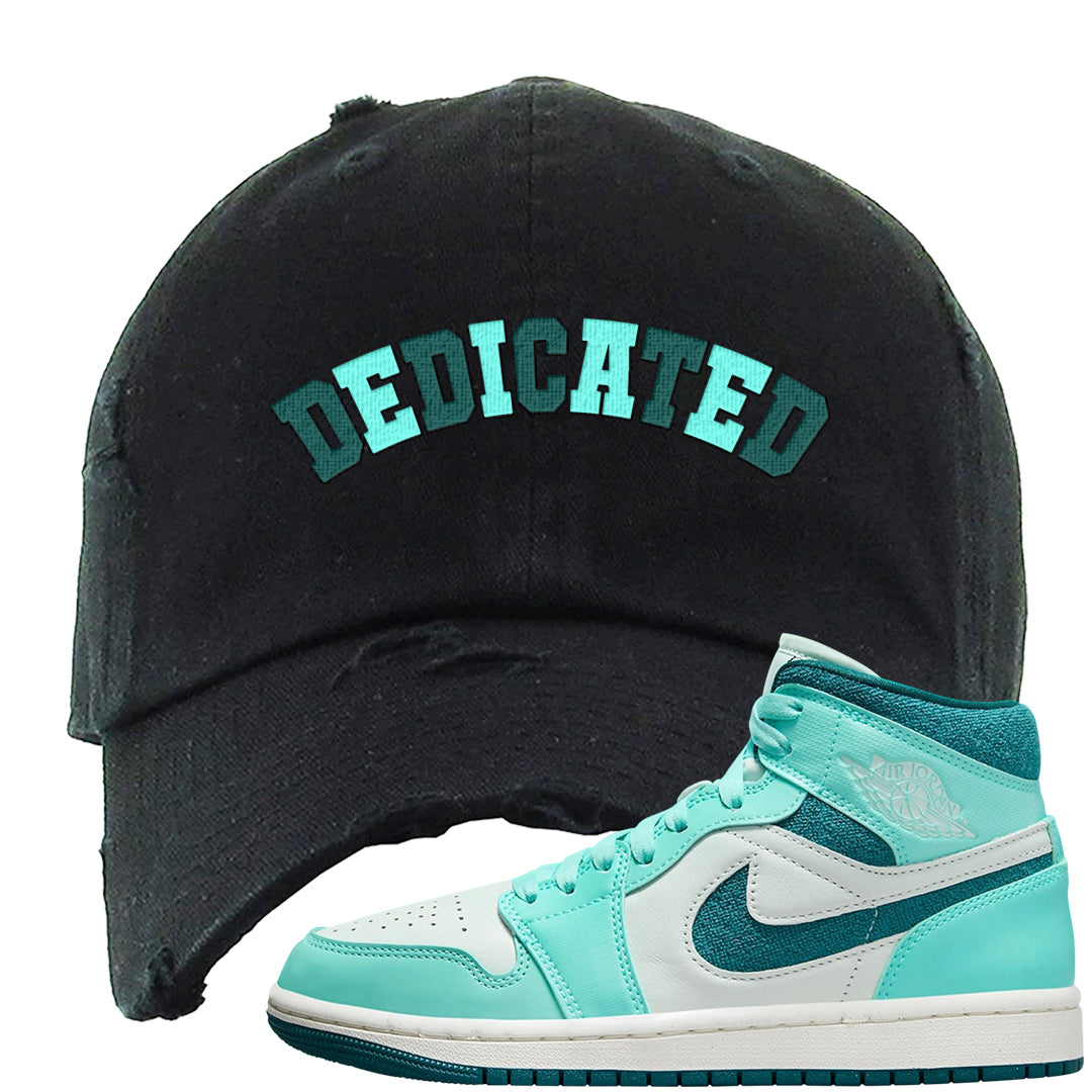 Chenille Teal Aqua Mid 1s Distressed Dad Hat | Dedicated, Black