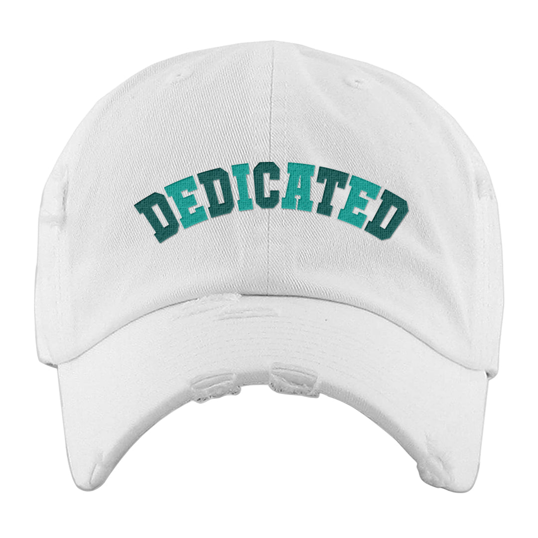 Chenille Teal Aqua Mid 1s Distressed Dad Hat | Dedicated, White