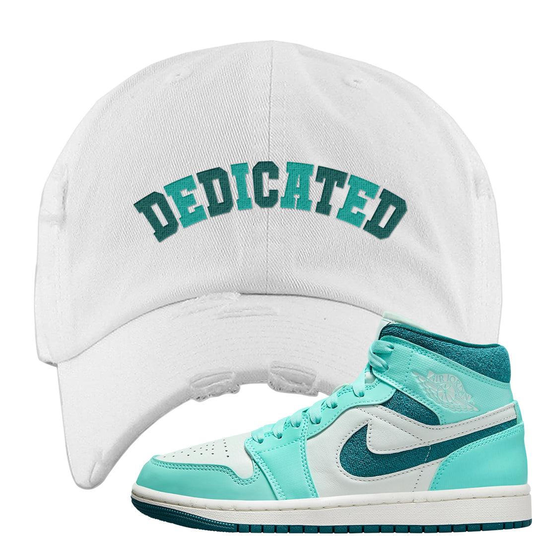 Chenille Teal Aqua Mid 1s Distressed Dad Hat | Dedicated, White