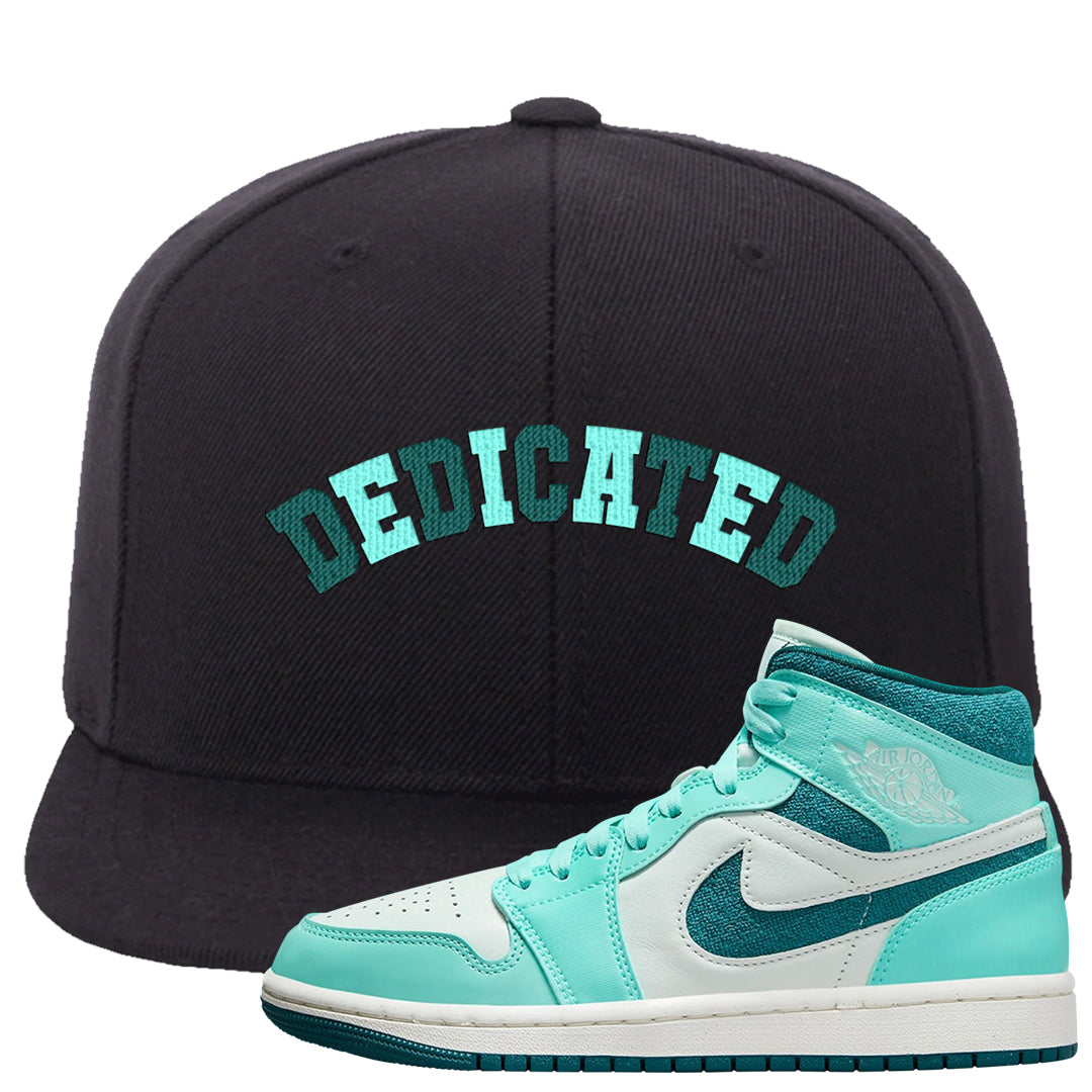 Chenille Teal Aqua Mid 1s Snapback Hat | Dedicated, Black