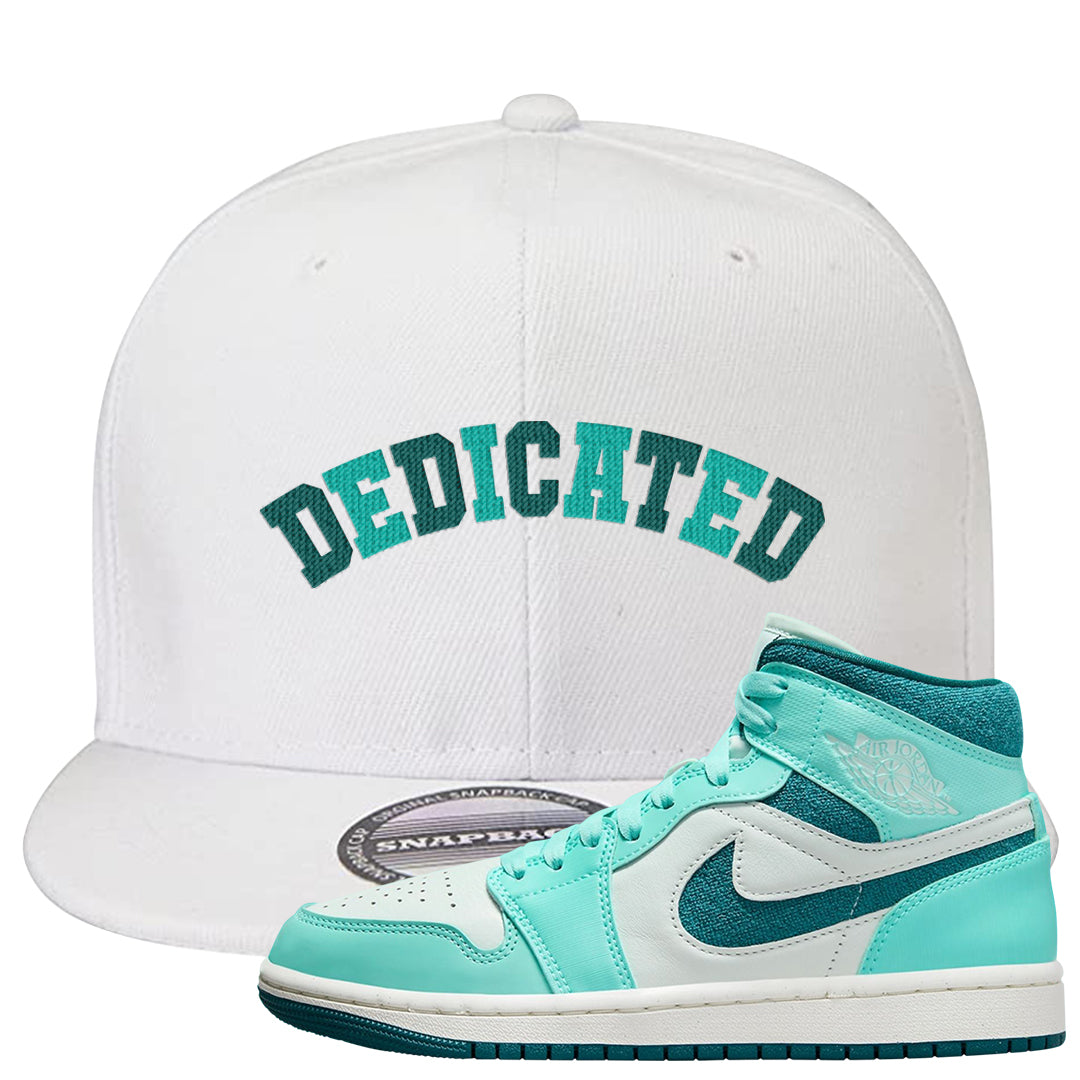 Chenille Teal Aqua Mid 1s Snapback Hat | Dedicated, White