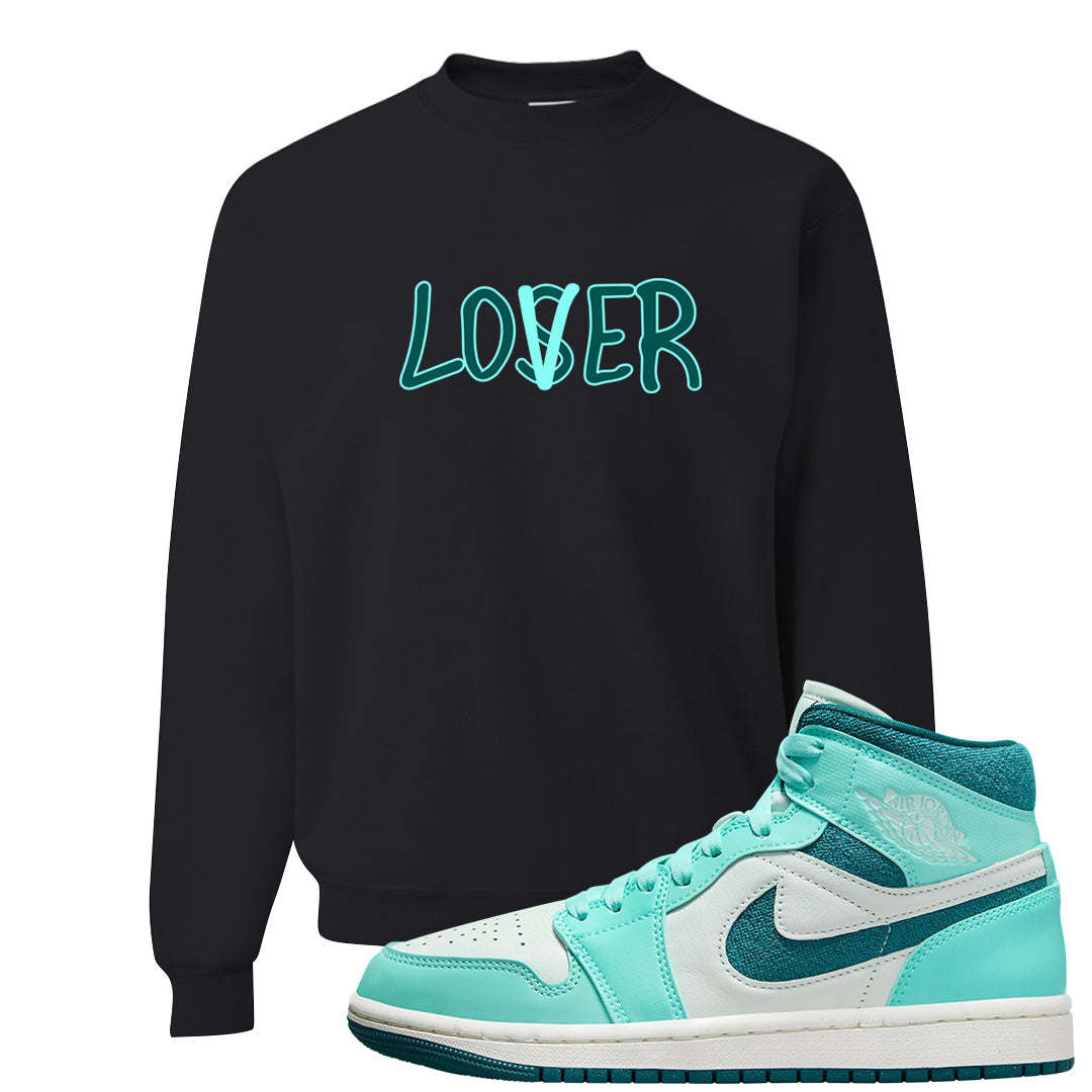 Chenille Teal Aqua Mid 1s Crewneck Sweatshirt | Lover, Black