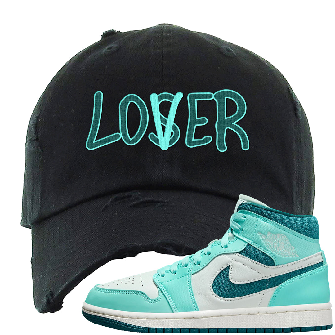 Chenille Teal Aqua Mid 1s Distressed Dad Hat | Lover, Black