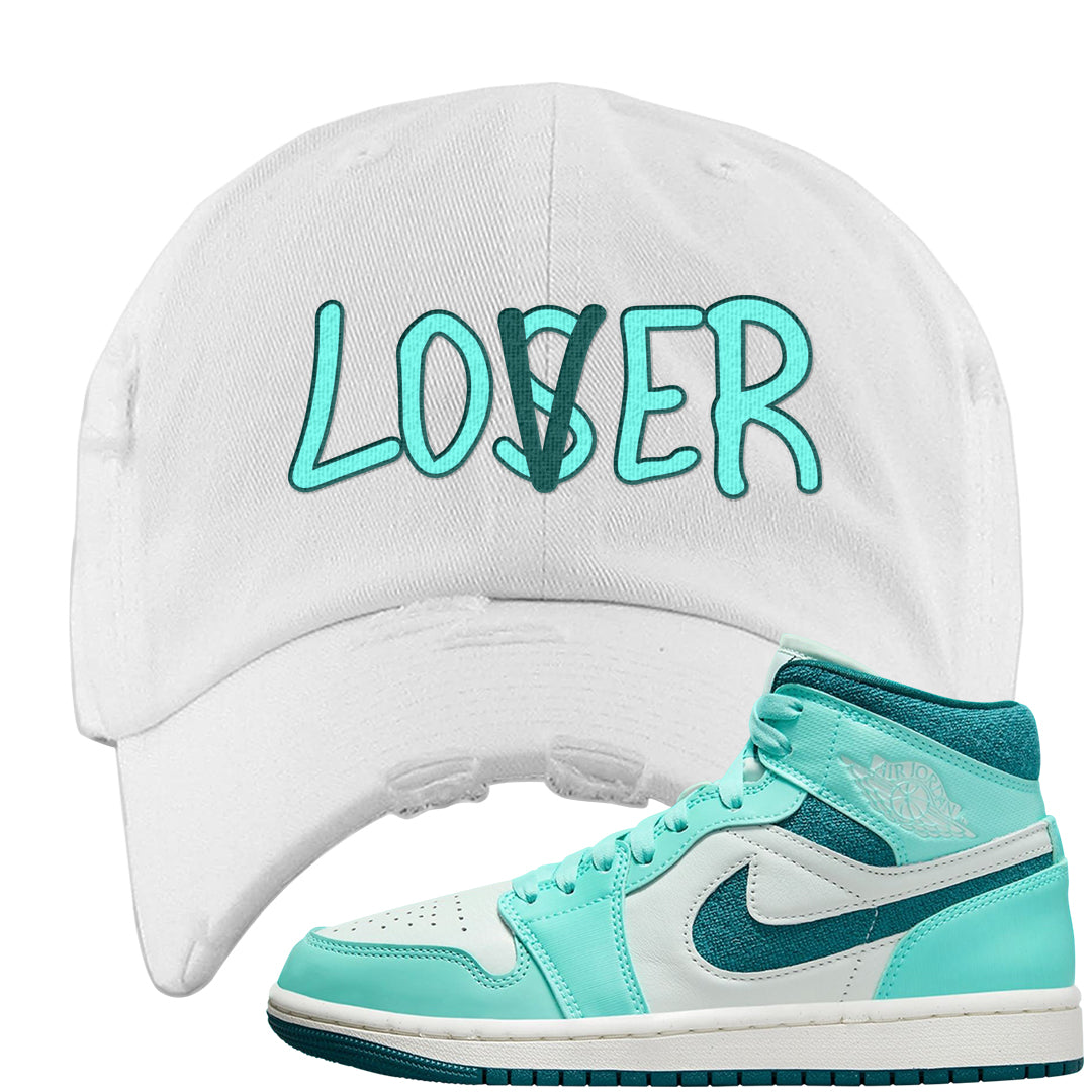 Chenille Teal Aqua Mid 1s Distressed Dad Hat | Lover, White