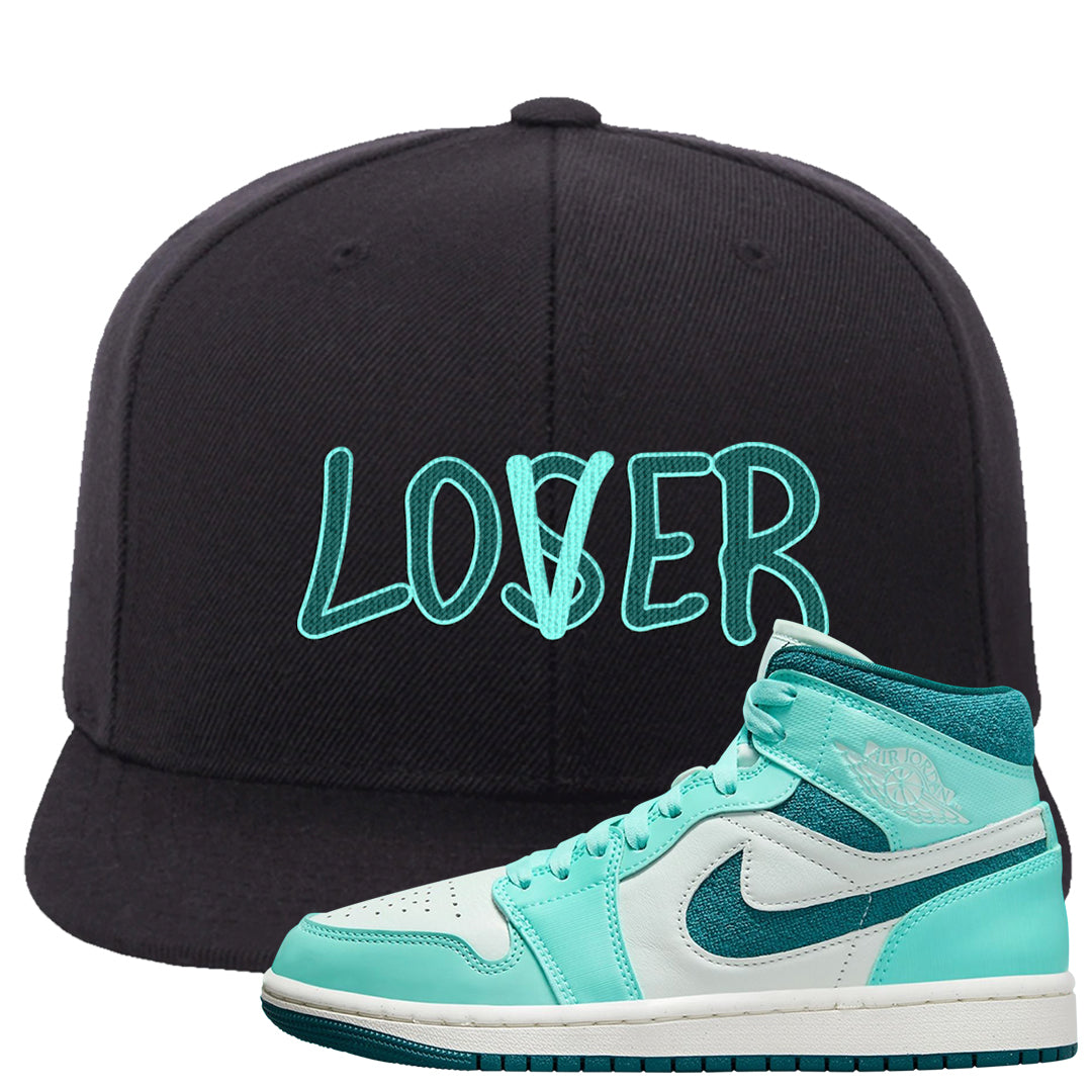 Chenille Teal Aqua Mid 1s Snapback Hat | Lover, Black