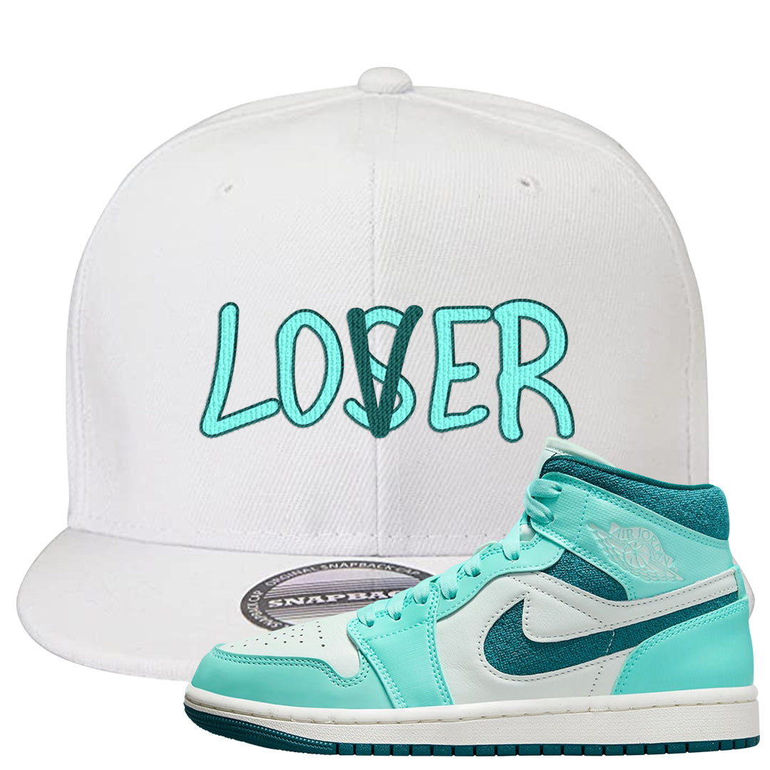 Chenille Teal Aqua Mid 1s Snapback Hat | Lover, White