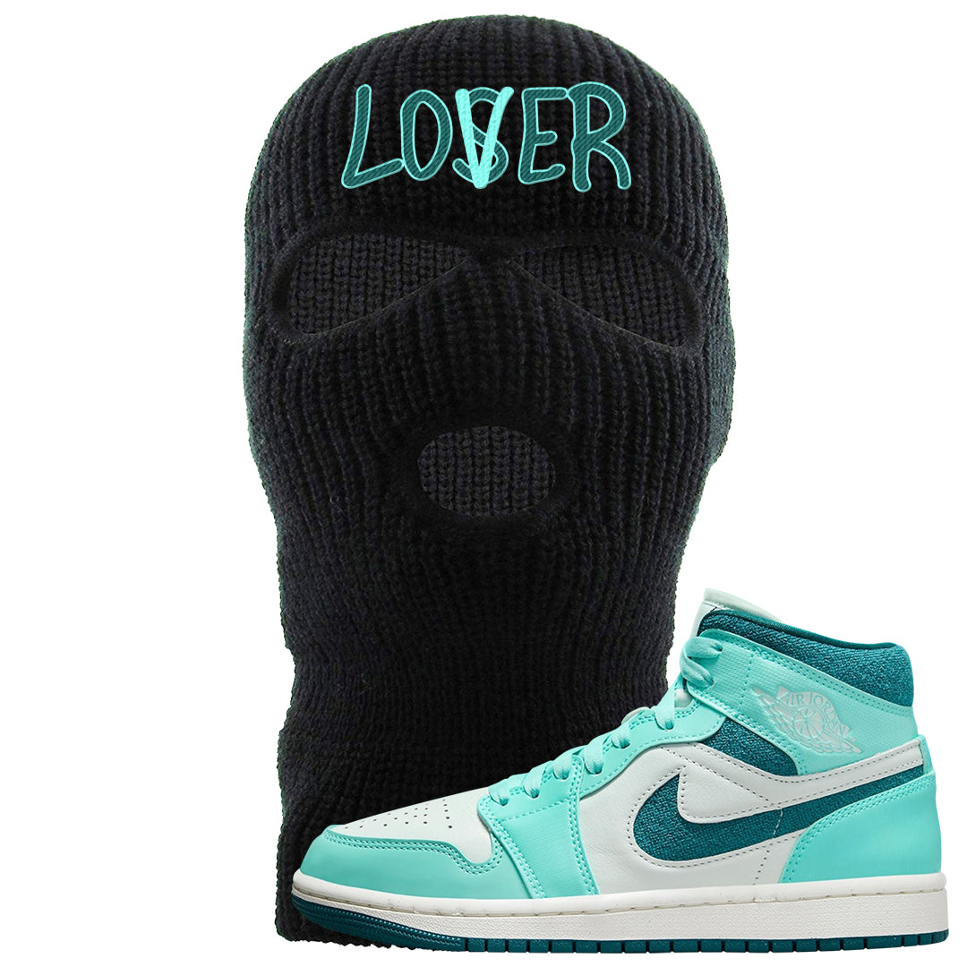 Chenille Teal Aqua Mid 1s Ski Mask | Lover, Black