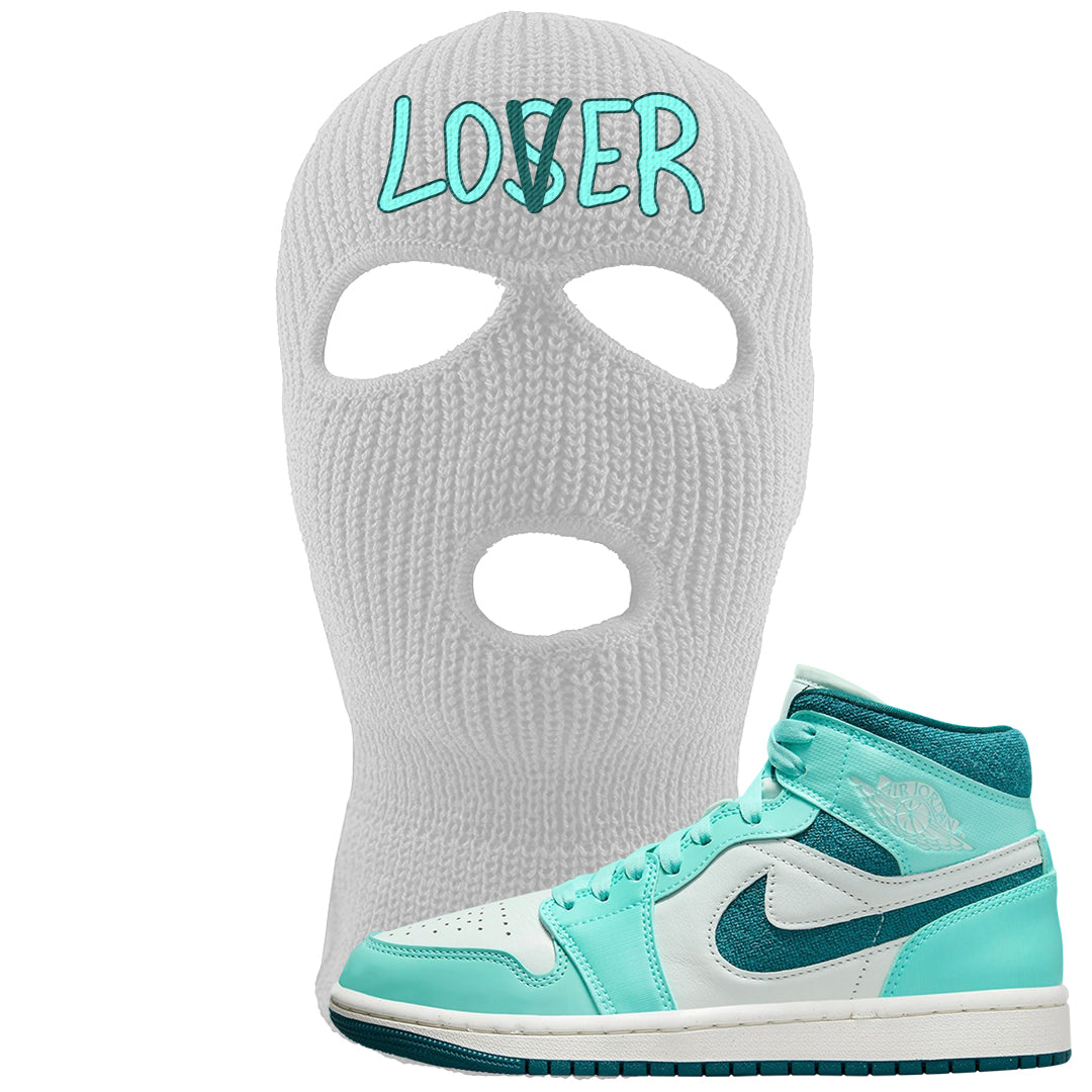 Chenille Teal Aqua Mid 1s Ski Mask | Lover, White