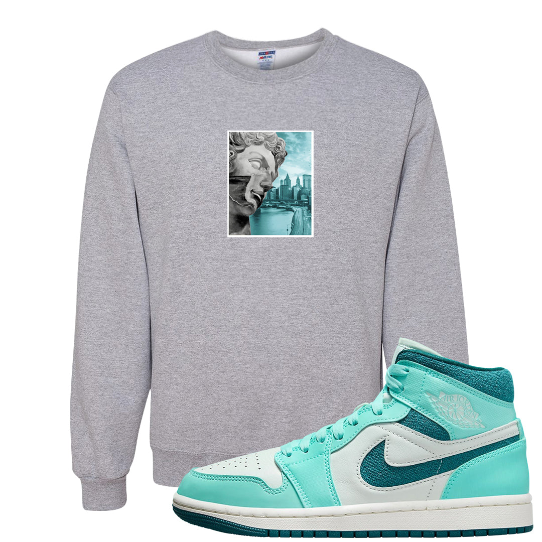 Chenille Teal Aqua Mid 1s Crewneck Sweatshirt | Miguel, Ash