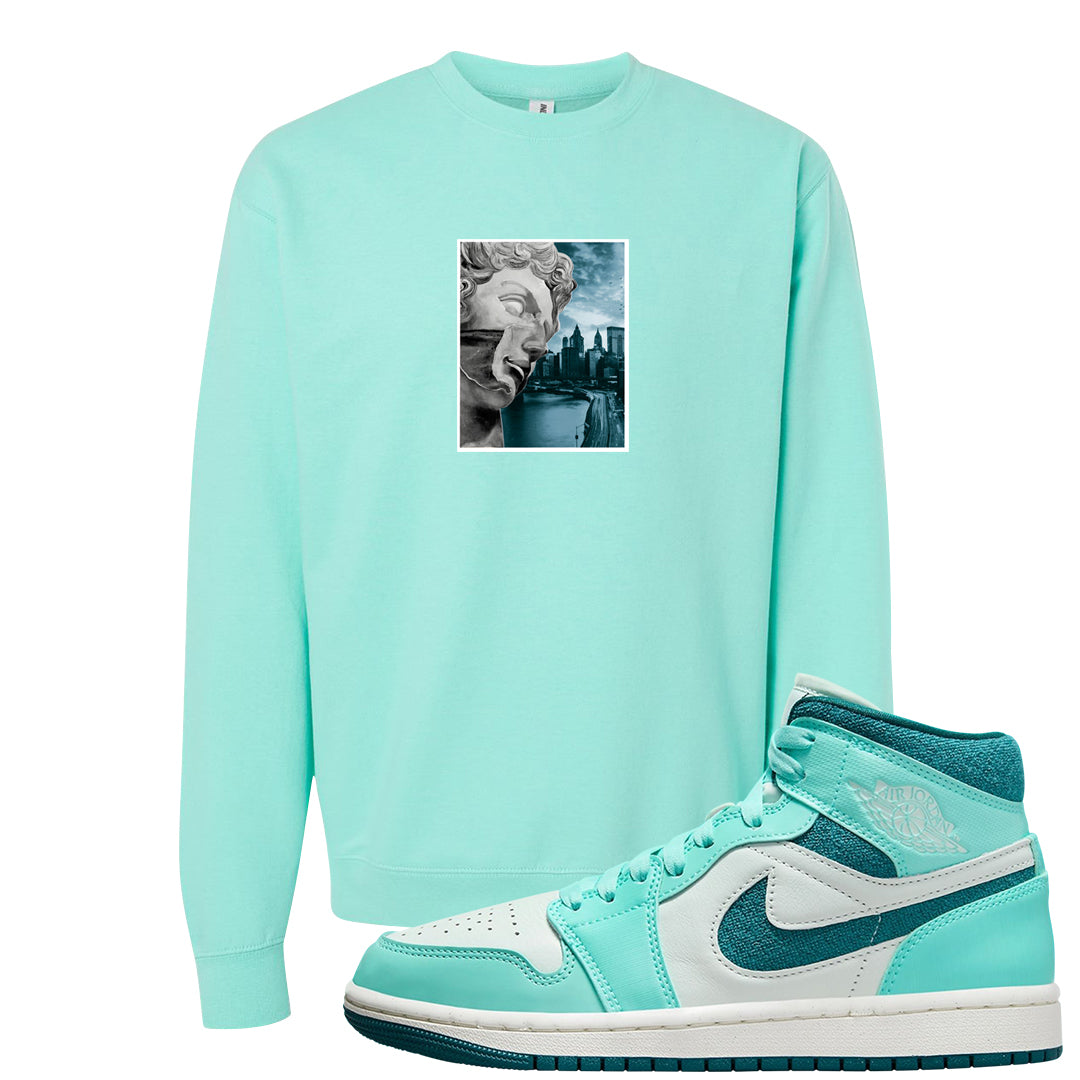 Chenille Teal Aqua Mid 1s Crewneck Sweatshirt | Miguel, Mint