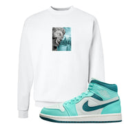 Chenille Teal Aqua Mid 1s Crewneck Sweatshirt | Miguel, White