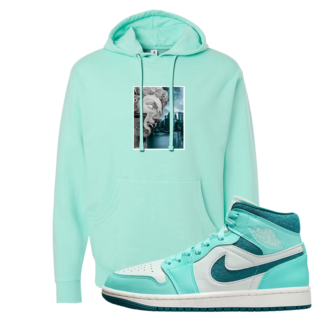 Chenille Teal Aqua Mid 1s Hoodie | Miguel, Mint