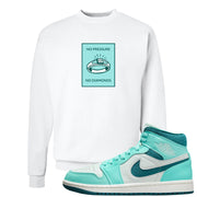 Chenille Teal Aqua Mid 1s Crewneck Sweatshirt | No Pressure No Diamond, White