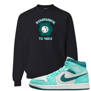 Chenille Teal Aqua Mid 1s Crewneck Sweatshirt | Remember To Smile, Black