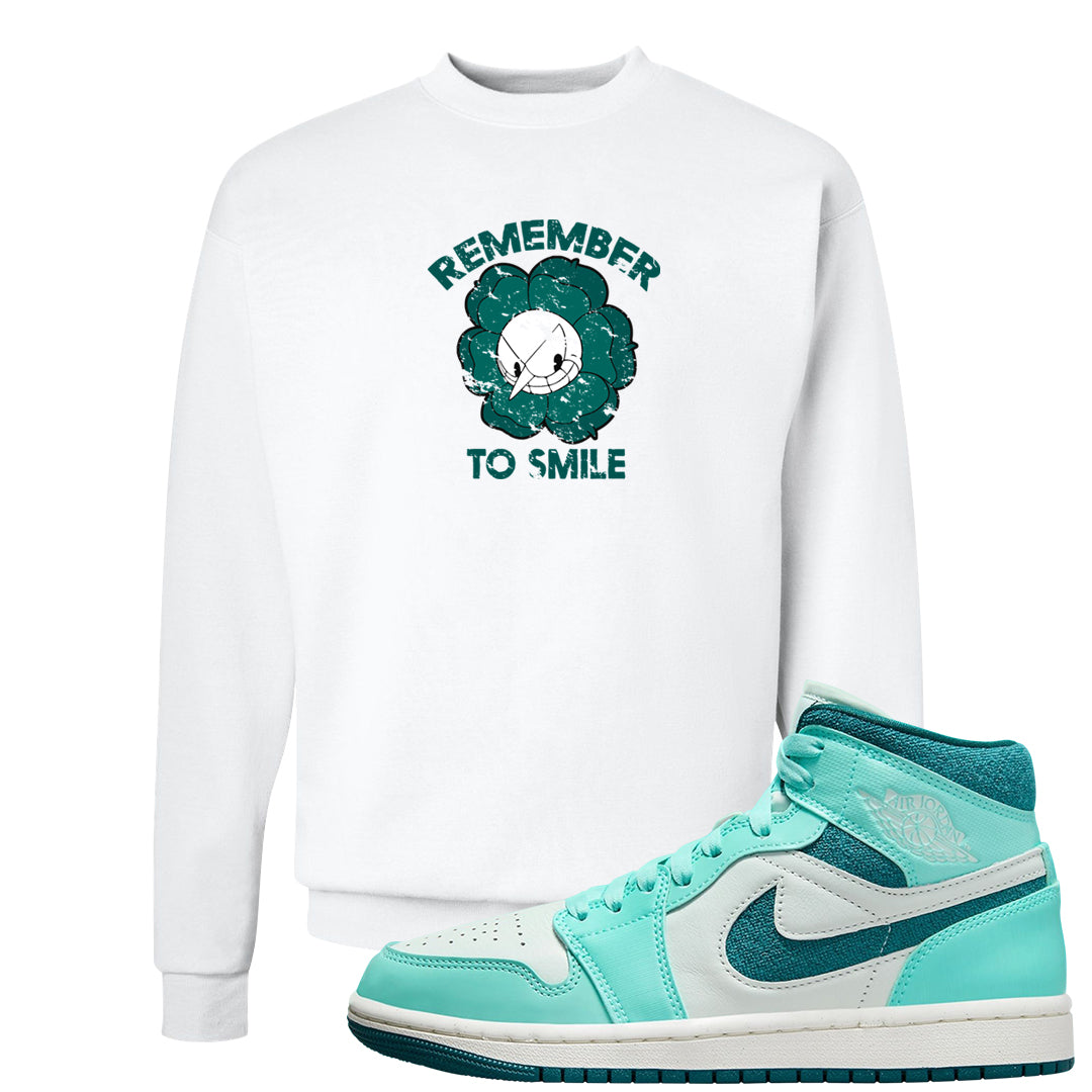 Chenille Teal Aqua Mid 1s Crewneck Sweatshirt | Remember To Smile, White