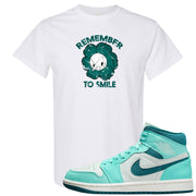 Chenille Teal Aqua Mid 1s T Shirt | Remember To Smile, White