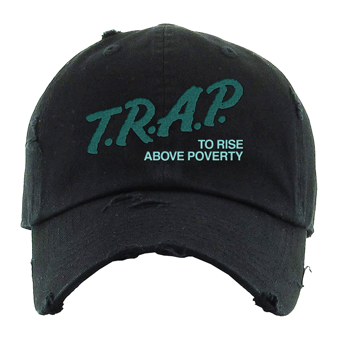 Chenille Teal Aqua Mid 1s Distressed Dad Hat | Trap To Rise Above Poverty, Black