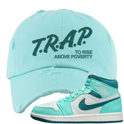 Chenille Teal Aqua Mid 1s Distressed Dad Hat | Trap To Rise Above Poverty, Mint