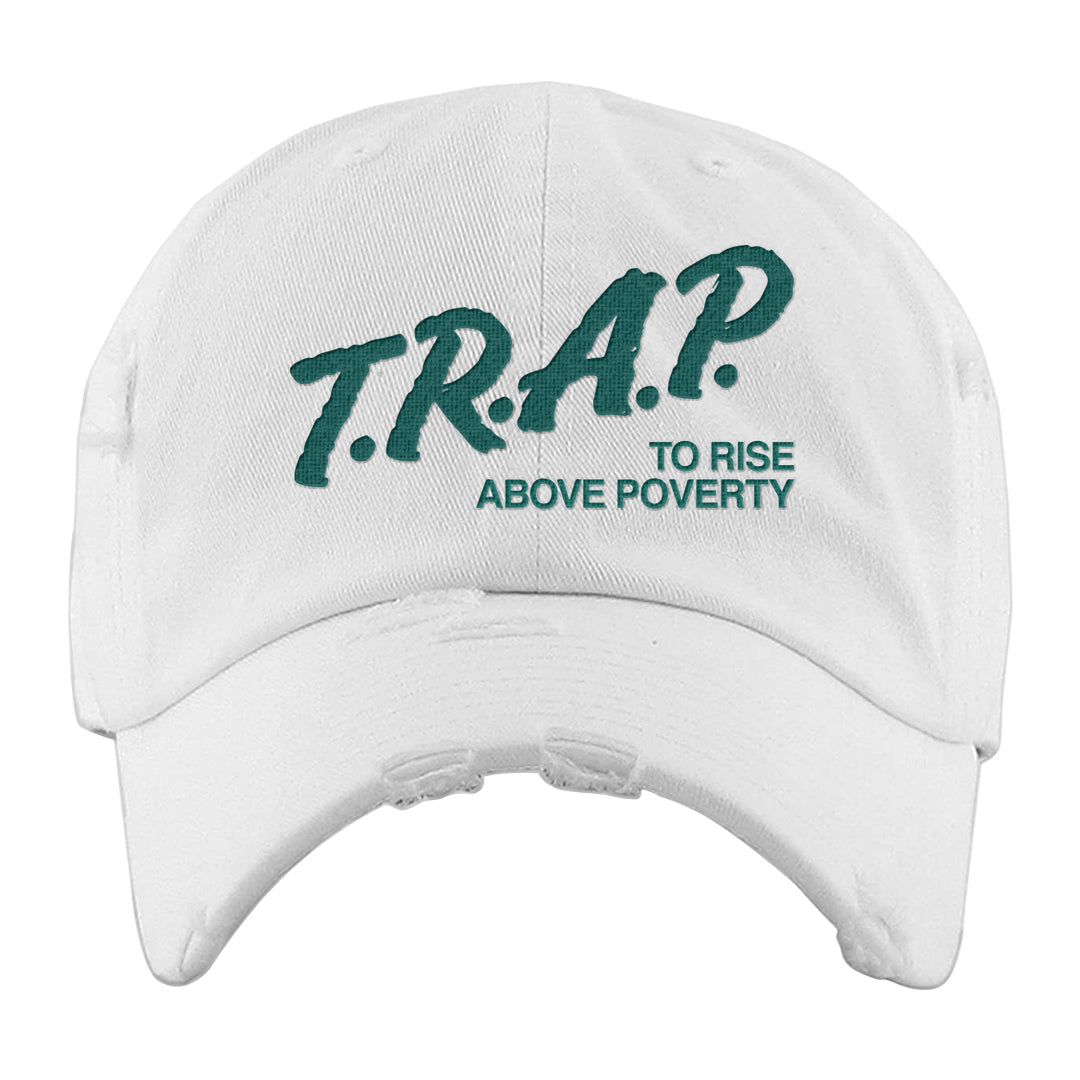 Chenille Teal Aqua Mid 1s Distressed Dad Hat | Trap To Rise Above Poverty, White