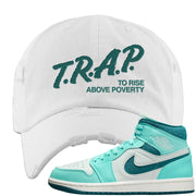 Chenille Teal Aqua Mid 1s Distressed Dad Hat | Trap To Rise Above Poverty, White