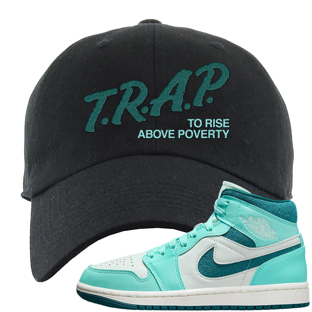 Chenille Teal Aqua Mid 1s Dad Hat | Trap To Rise Above Poverty, Black