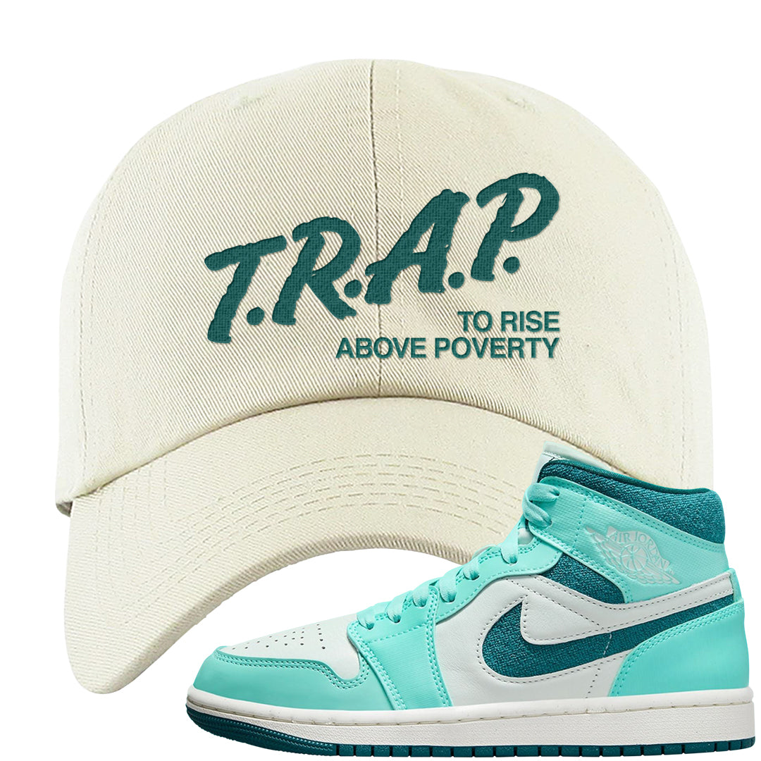 Chenille Teal Aqua Mid 1s Dad Hat | Trap To Rise Above Poverty, White