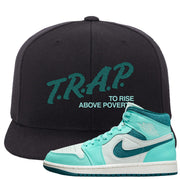 Chenille Teal Aqua Mid 1s Snapback Hat | Trap To Rise Above Poverty, Black