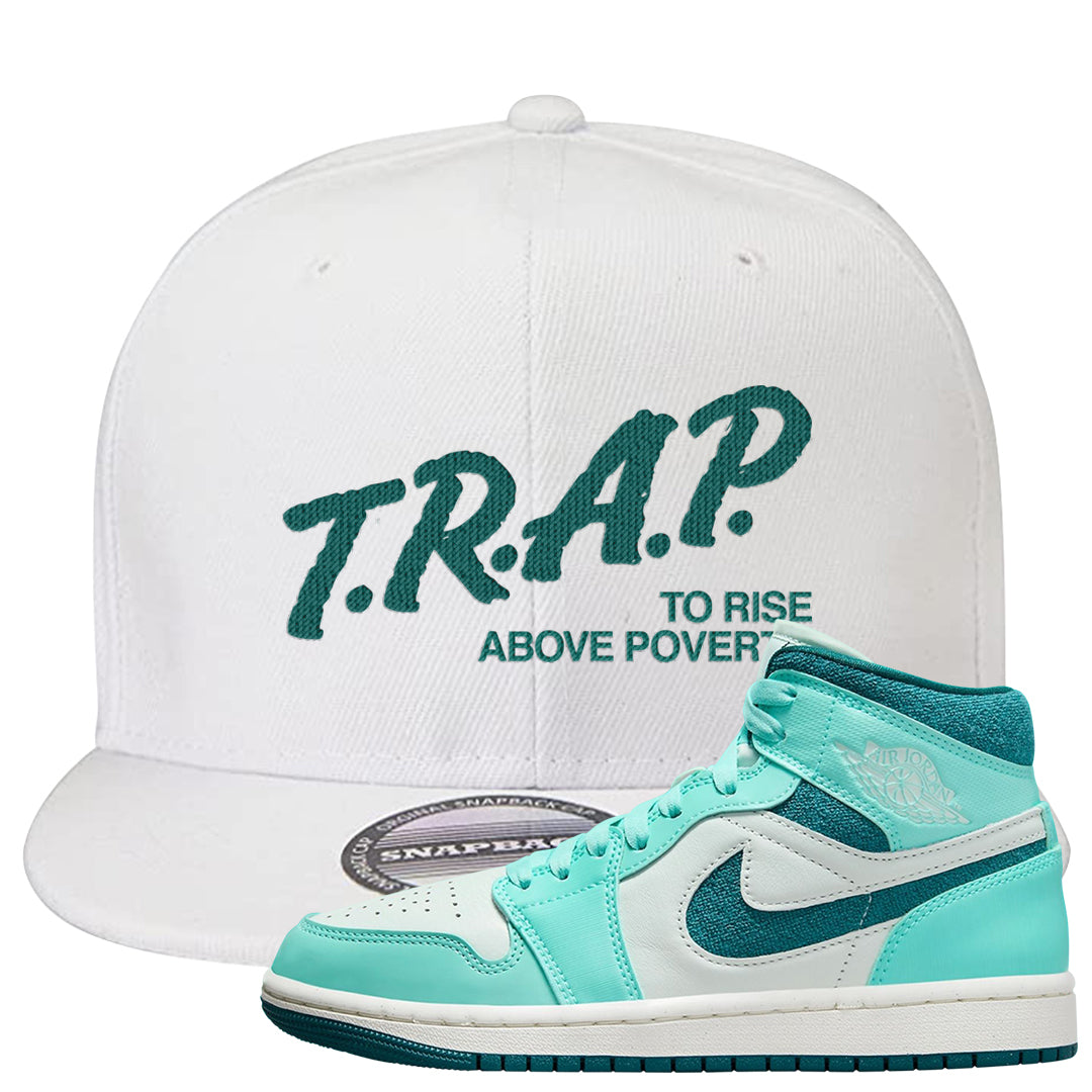 Chenille Teal Aqua Mid 1s Snapback Hat | Trap To Rise Above Poverty, White