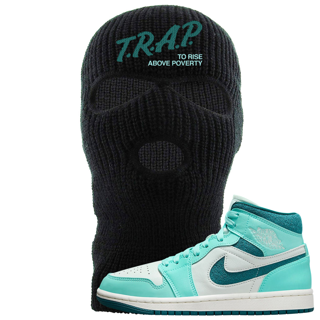 Chenille Teal Aqua Mid 1s Ski Mask | Trap To Rise Above Poverty, Black