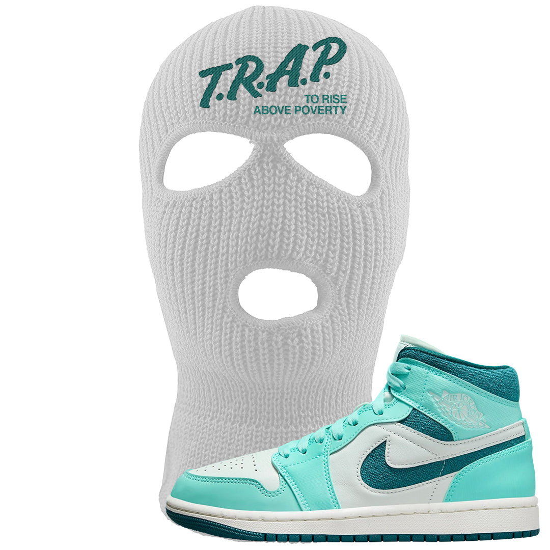 Chenille Teal Aqua Mid 1s Ski Mask | Trap To Rise Above Poverty, White