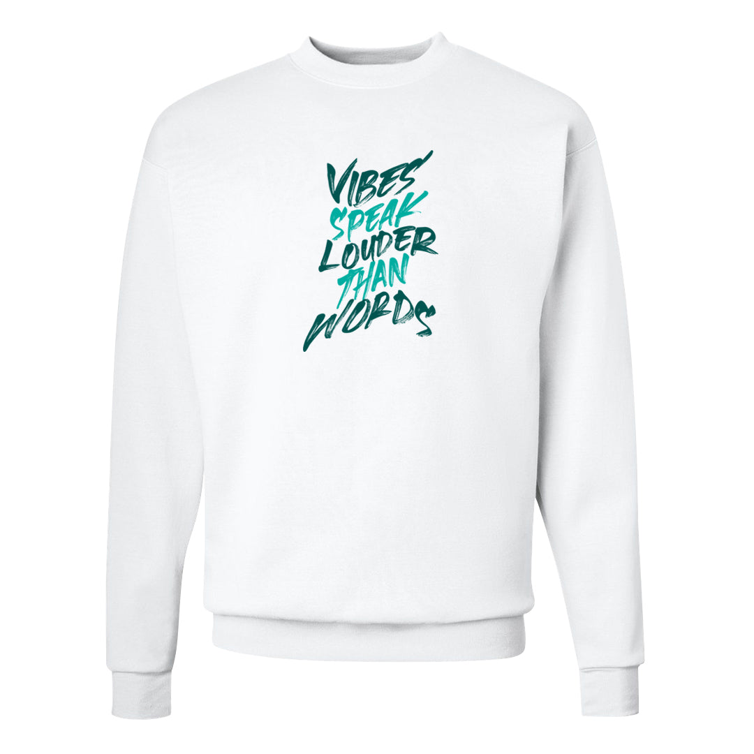 Chenille Teal Aqua Mid 1s Crewneck Sweatshirt | Vibes Speak Louder Than Words, White