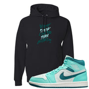 Chenille Teal Aqua Mid 1s Hoodie | Vibes Speak Louder Than Words, Black