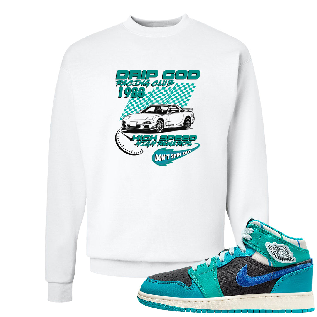 Inspired By The Greatest Mid 1s Crewneck Sweatshirt | Drip God Racing Club, White