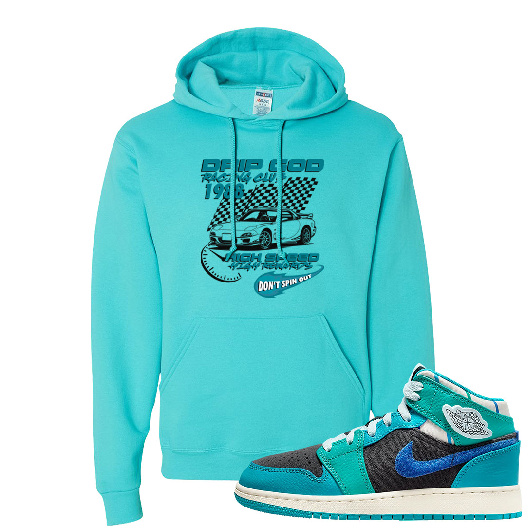 Inspired By The Greatest Mid 1s Hoodie | Drip God Racing Club, Scuba Blue