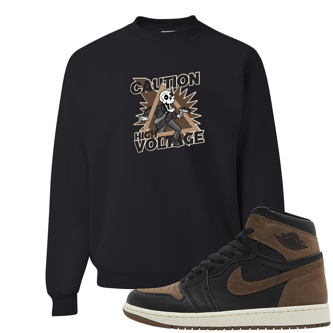 Dark Brown Retro High 1s Crewneck Sweatshirt | Caution High Voltage, Black