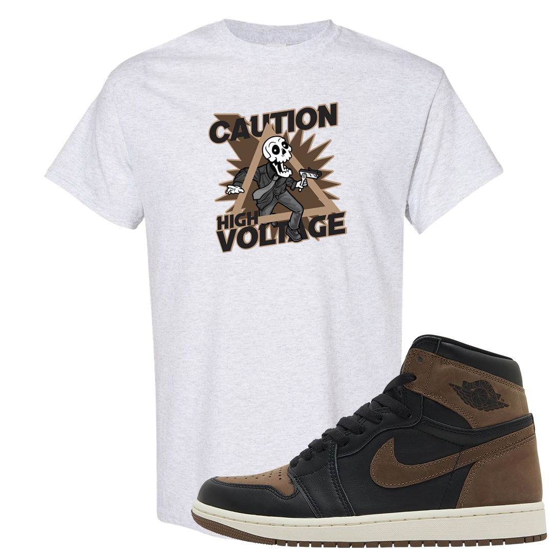 Dark Brown Retro High 1s T Shirt | Caution High Voltage, Ash