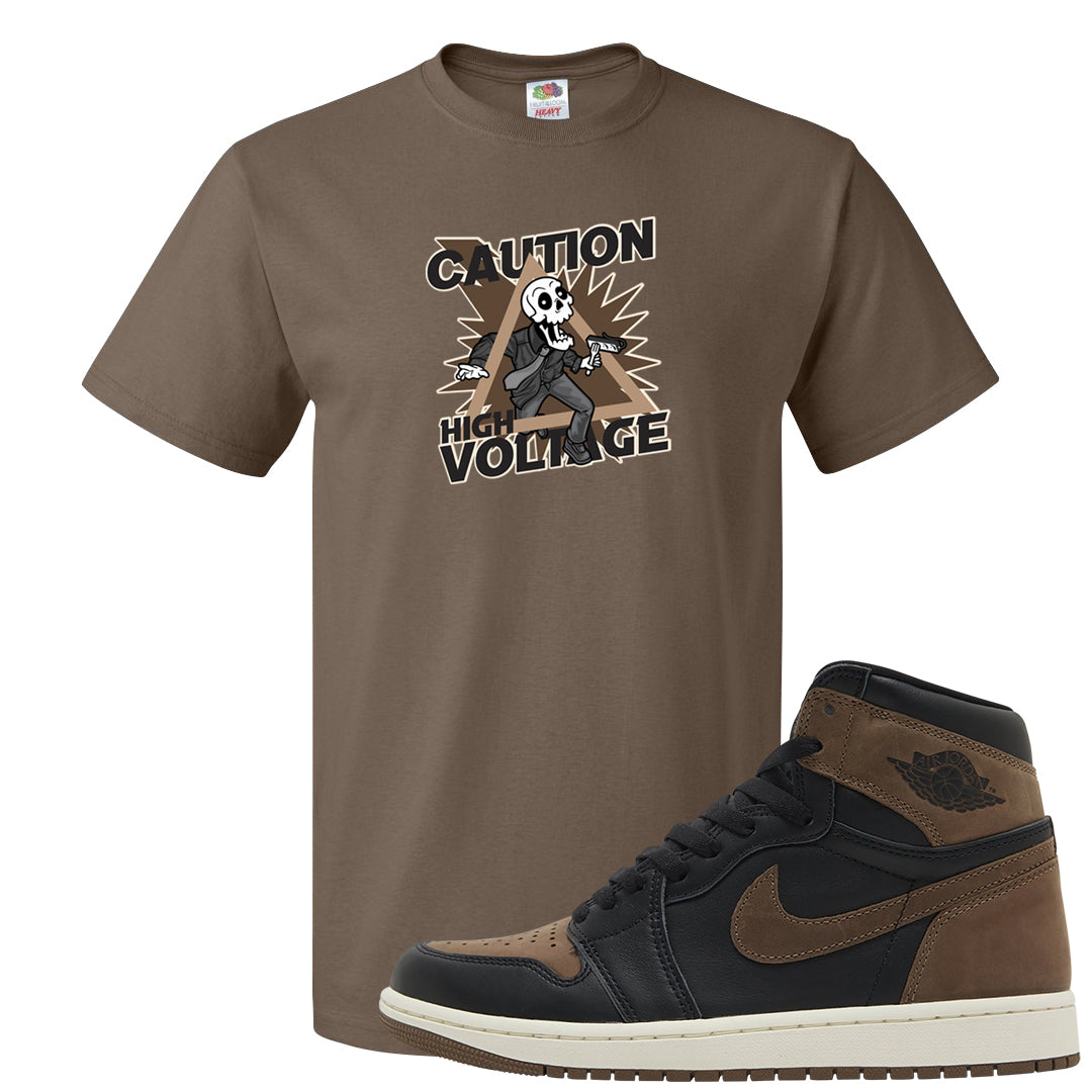 Dark Brown Retro High 1s T Shirt | Caution High Voltage, Chocolate