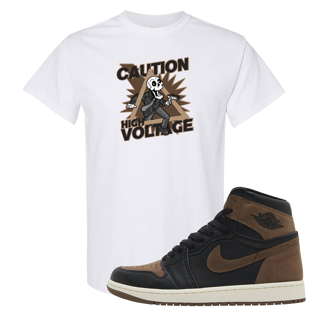 Dark Brown Retro High 1s T Shirt | Caution High Voltage, White