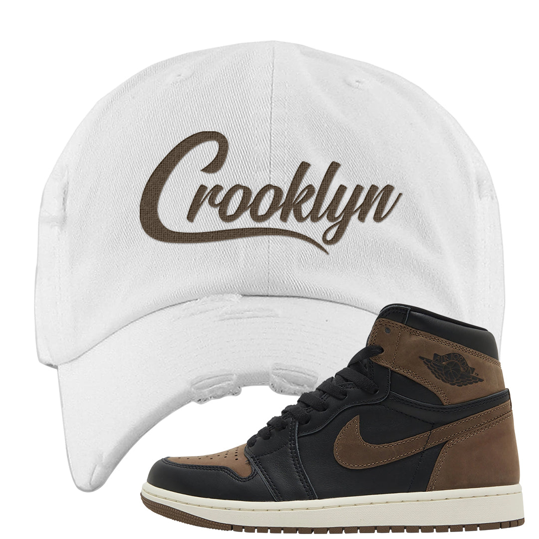 Dark Brown Retro High 1s Distressed Dad Hat | Crooklyn, White
